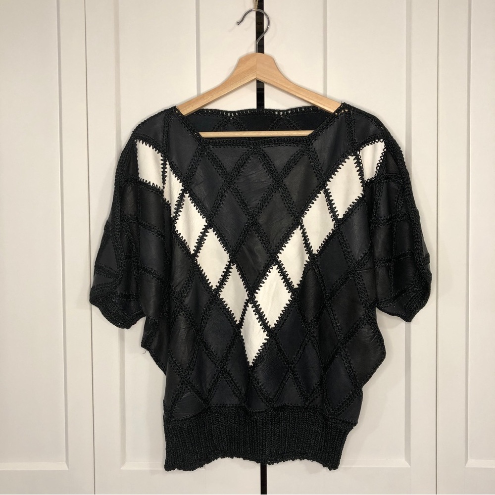 Vintage 80s suede patchwork knit short sleeve top / S-M